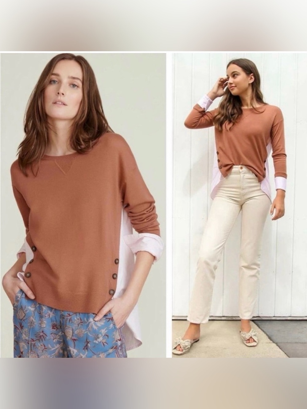 Veronica Beard Rust Crew Neck Sweater with Button Side Detail